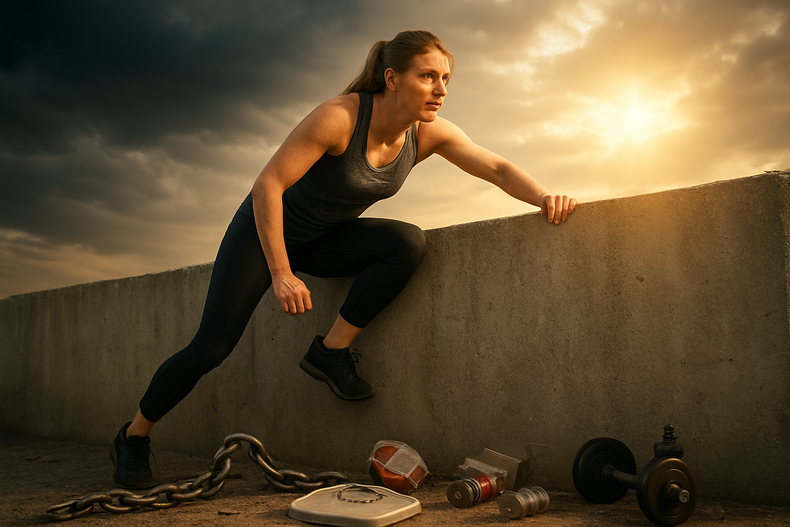 Create a realistic image of a determined white female in her 30s climbing over a large concrete wall obstacle, with broken chains at her feet and storm clouds clearing to reveal bright sunlight in the background, symbolizing overcoming barriers to wellness goals, with scattered fallen barriers like broken scales, empty junk food containers, and workout equipment visible in the scene, warm golden lighting casting hope and determination across the scene, absolutely NO text should be in the scene.