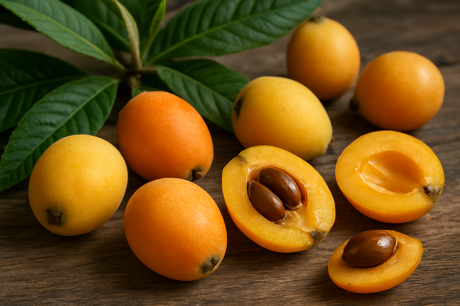 Create a realistic image of fresh loquat fruits in various stages of ripeness displayed on a rustic wooden surface, showing both whole fruits with their distinctive oval shape and fuzzy skin in golden-yellow and orange hues, alongside cut-open loquats revealing their juicy flesh and large brown seeds, with some loquat tree branches featuring the characteristic long serrated leaves in the background, natural daylight illuminating the scene to highlight the fruit's glossy texture and vibrant colors, creating an educational and appetizing composition that showcases the natural beauty and characteristics of this exotic fruit, absolutely NO text should be in the scene.