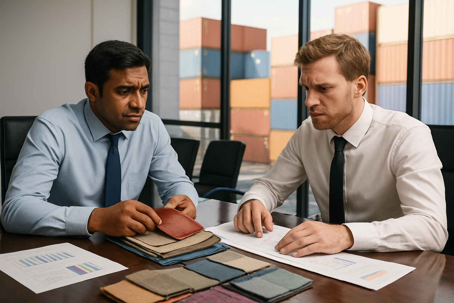 Create a realistic image of a modern business office meeting room with Indian male and white male professionals sitting across from each other at a polished conference table, reviewing fabric samples and documents, with visible concern and problem-solving expressions on their faces, surrounded by colorful textile swatches, quality control charts, and shipping containers visible through large windows in the background, under bright natural lighting that emphasizes the collaborative yet challenging nature of international sourcing discussions, absolutely NO text should be in the scene.