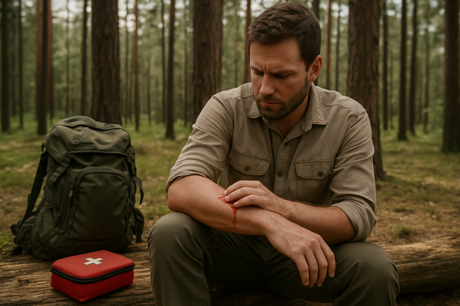 Create a realistic image of a white male camper sitting on a log in a forest clearing, carefully examining a bleeding cut on his forearm, with a concerned but focused expression as he assesses the wound, surrounded by camping gear including a backpack and first aid kit nearby, with tall pine trees in the background, natural daylight filtering through the canopy, creating a serious but calm outdoor atmosphere, absolutely NO text should be in the scene.