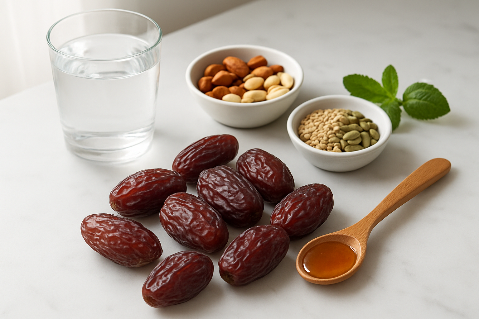 Create a realistic image of fresh Medjool dates arranged on a clean white marble surface alongside wellness items including a glass of water, small bowls containing nuts and seeds, a wooden spoon with honey, and fresh mint leaves, with soft natural lighting from a window creating gentle shadows, emphasizing the natural health benefits and nutritious qualities of dates for daily wellness, shot from a slightly elevated angle with a clean minimalist background, absolutely NO text should be in the scene.