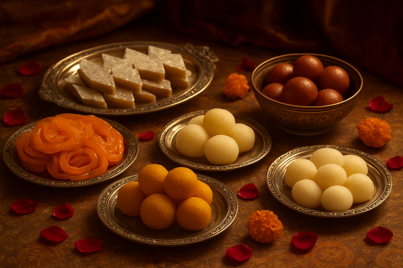 Create a realistic image of an elegant display of various traditional Indian mithai sweets arranged on ornate silver and brass platters, featuring colorful varieties like round golden laddu, diamond-shaped kaju katli, spiral-shaped jalebi, white rasgulla, and brown gulab jamun, set on a decorated table with scattered rose petals and marigold flowers, soft warm lighting creating gentle shadows, festive wedding atmosphere with rich fabrics in the background, absolutely NO text should be in the scene.