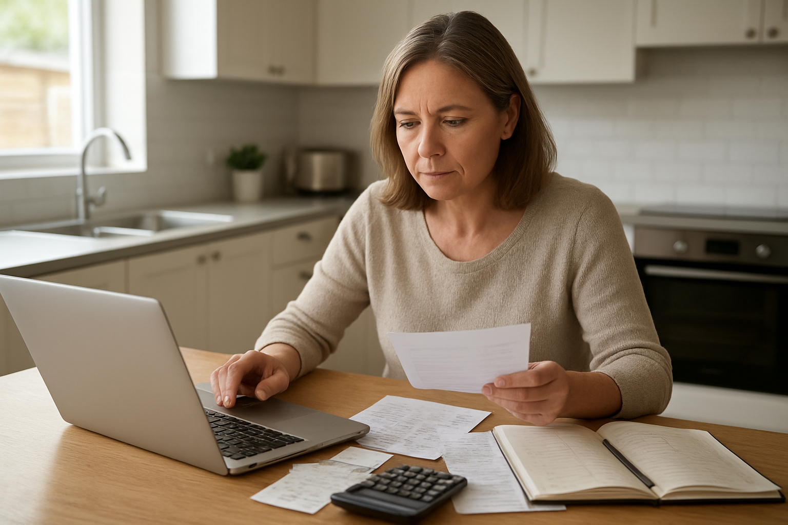 Create a realistic image of a middle-aged white female sitting at a clean kitchen table with a laptop open, calculator, bills, receipts, and a notebook with budget categories spread out in front of her, surrounded by a modern home kitchen with natural daylight streaming through a window, conveying a focused and organized atmosphere as she manages household finances, absolutely NO text should be in the scene.