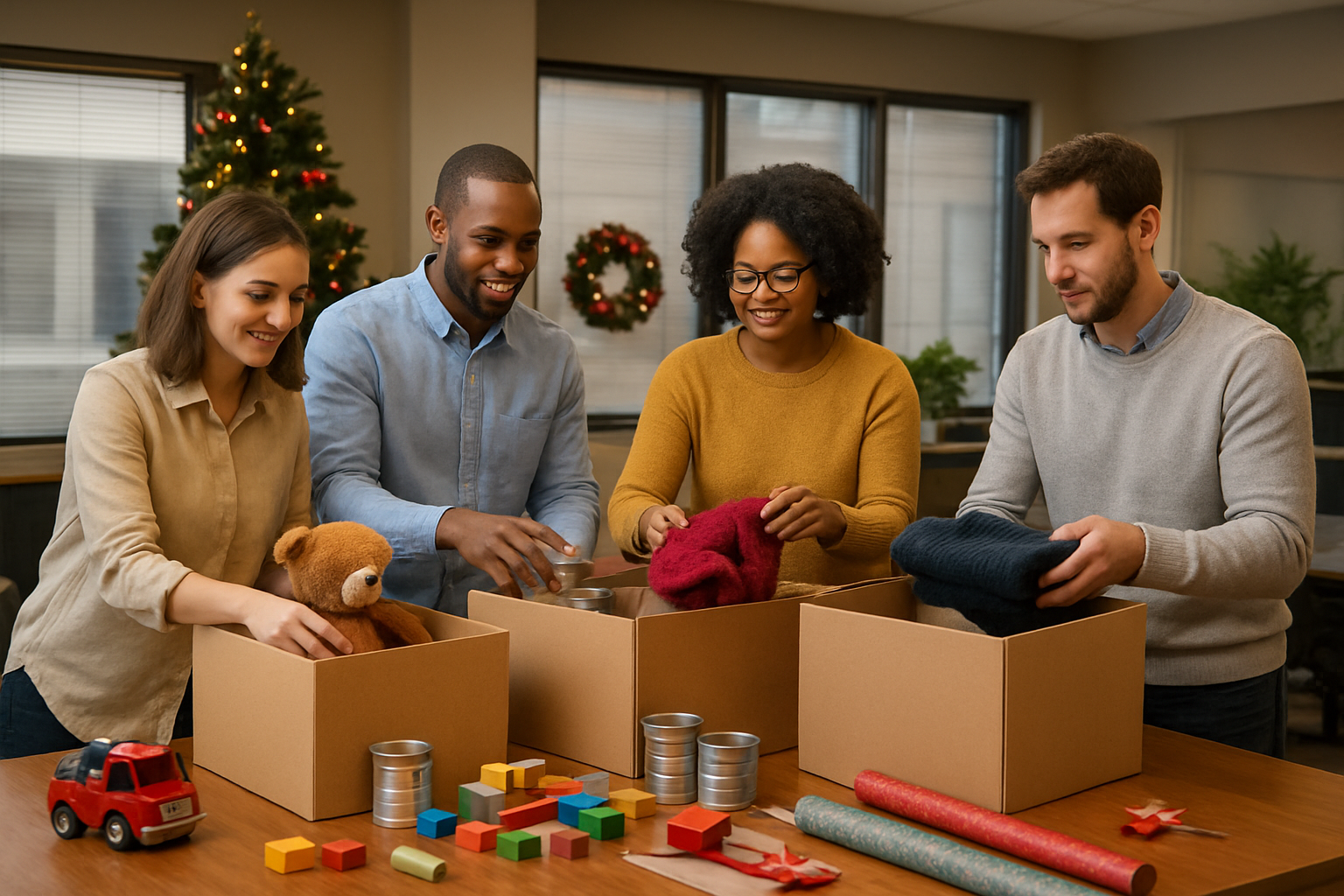 Create a realistic image of a modern office conference room with diverse coworkers including white and black males and females gathered around a table sorting and organizing donated items like toys, canned goods, and winter clothing into labeled cardboard boxes, with Christmas decorations visible in the background, warm indoor lighting creating a collaborative and generous atmosphere, and gift wrapping supplies scattered on the table showing active charitable preparation work, absolutely NO text should be in the scene.