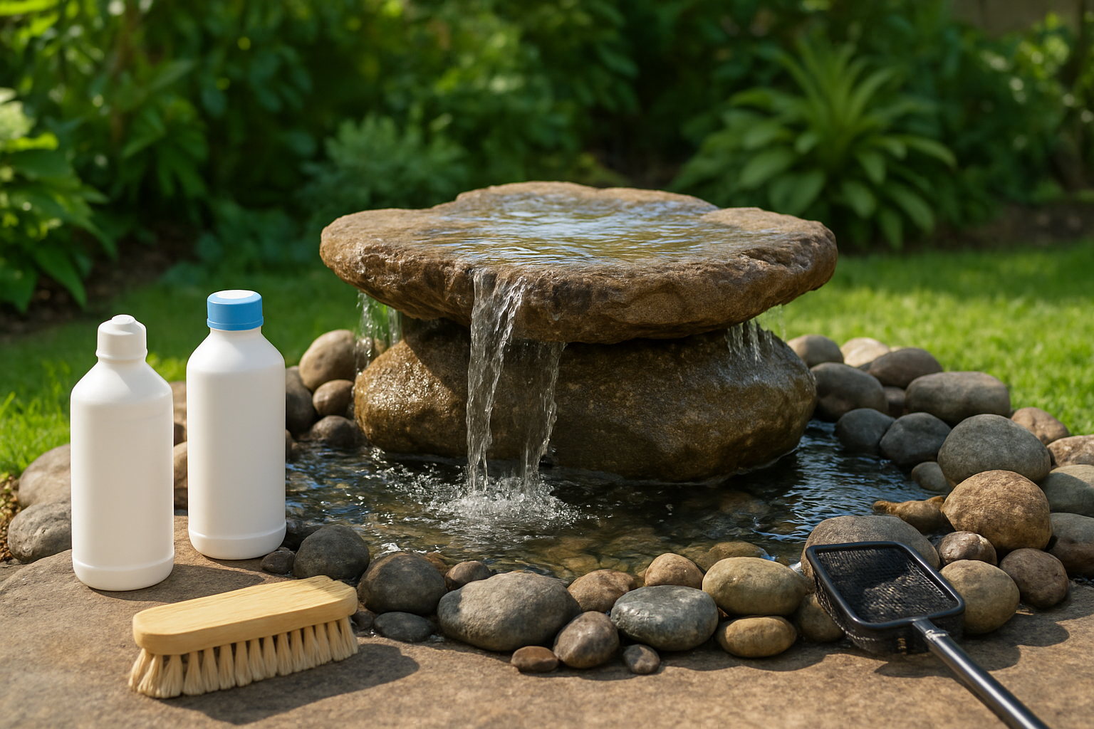 Create a realistic image of a pristine DIY floating rock fountain with crystal clear water flowing smoothly over natural-looking stones, surrounded by well-maintained cleaning supplies including a soft brush, water treatment bottles, and a small net for debris removal, set in a peaceful backyard garden setting with lush green plants in the background, bright natural daylight illuminating the scene to showcase the fountain's like-new appearance and sparkling water quality, absolutely NO text should be in the scene.