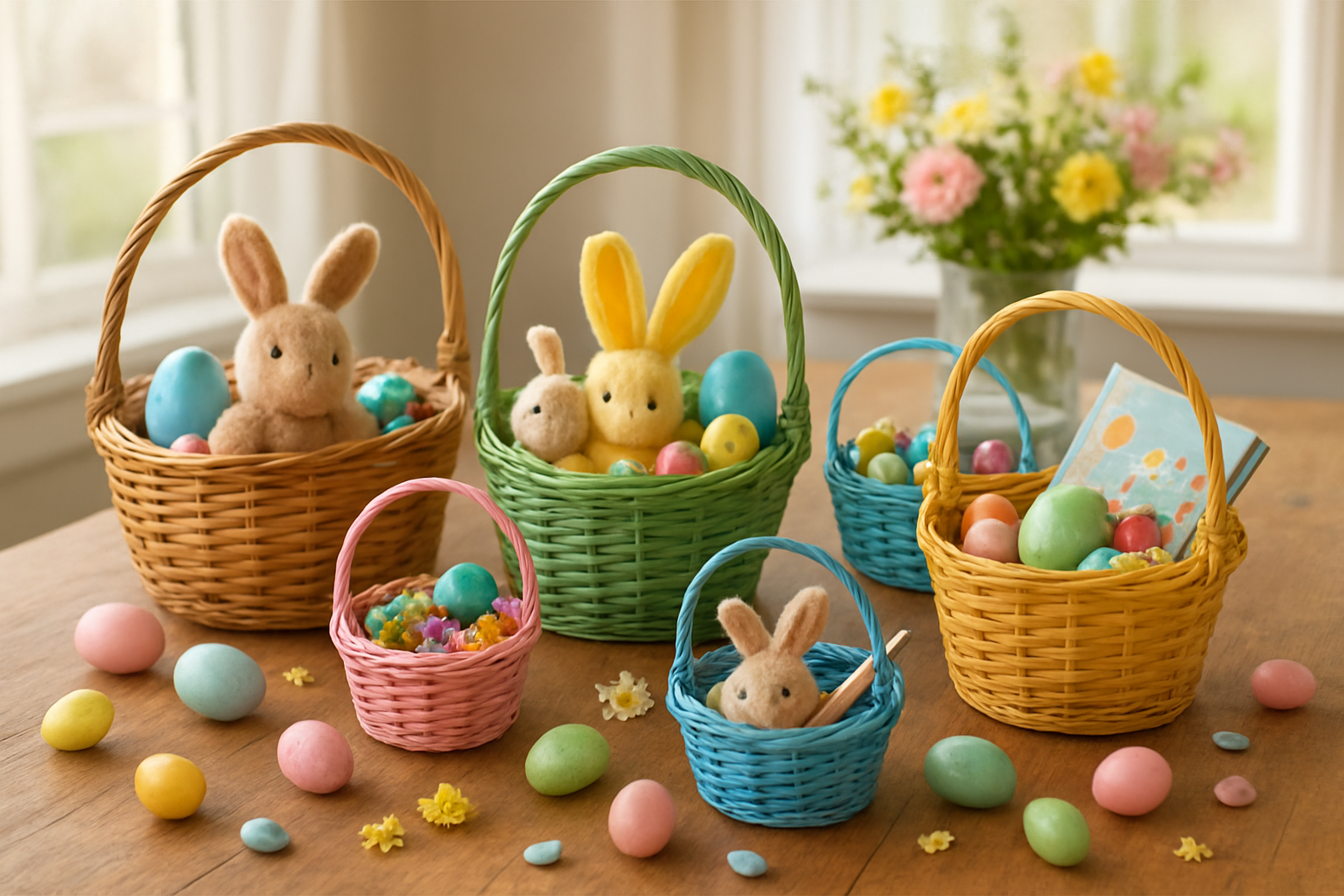 Create a realistic image of multiple colorful Easter baskets of varying sizes arranged on a wooden table, each filled with different age-appropriate items including chocolate eggs, stuffed bunnies, small toys, candy, books, and craft supplies, with pastel-colored Easter decorations scattered around, soft natural lighting from a window, spring flowers in the background, warm and festive atmosphere, absolutely NO text should be in the scene.