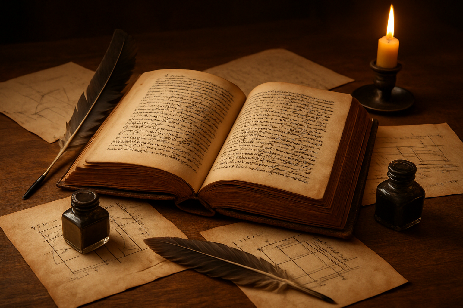 Create a realistic image of an open antique leather-bound book with handwritten manuscript pages showing detailed literary analysis notes, surrounded by scattered quill pens, ink bottles, and parchment papers with diagrams and structural breakdowns, placed on a wooden desk in a dimly lit study with warm candlelight casting gentle shadows, creating an scholarly atmosphere of classical French literature analysis. Absolutely NO text should be in the scene.