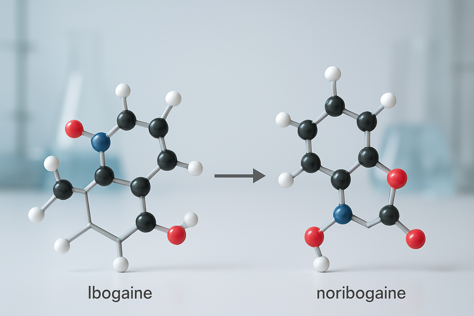 Create a realistic image of a detailed molecular structure diagram showing the chemical transformation from ibogaine to noribogaine, with two distinct 3D molecular models connected by an arrow indicating metabolic conversion, set against a clean laboratory background with soft scientific lighting, featuring precise atomic bonds represented by colorful spheres and connecting rods, with subtle pharmaceutical research equipment visible in the blurred background, emphasizing the distinct structural differences between the parent compound and its metabolite through contrasting molecular arrangements, absolutely NO text should be in the scene.