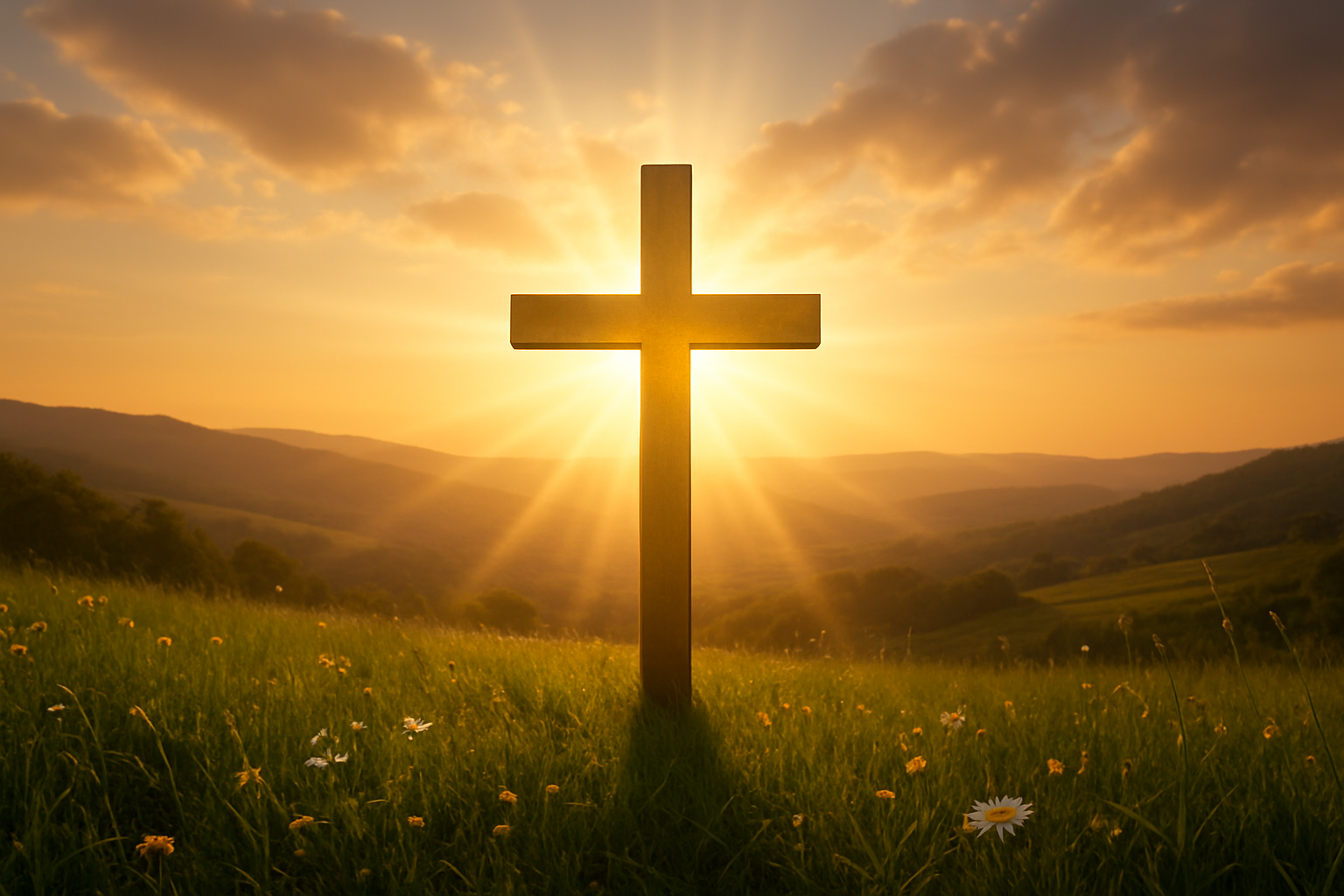 Create a realistic image of a majestic golden cross standing prominently in the center of a peaceful hillside landscape during golden hour, with warm sunlight streaming from behind the cross creating a divine radiance and gentle light rays, surrounded by lush green grass and wildflowers in the foreground, distant rolling hills under a serene sky with soft clouds, conveying a sense of hope, peace, and spiritual reverence, absolutely NO text should be in the scene.