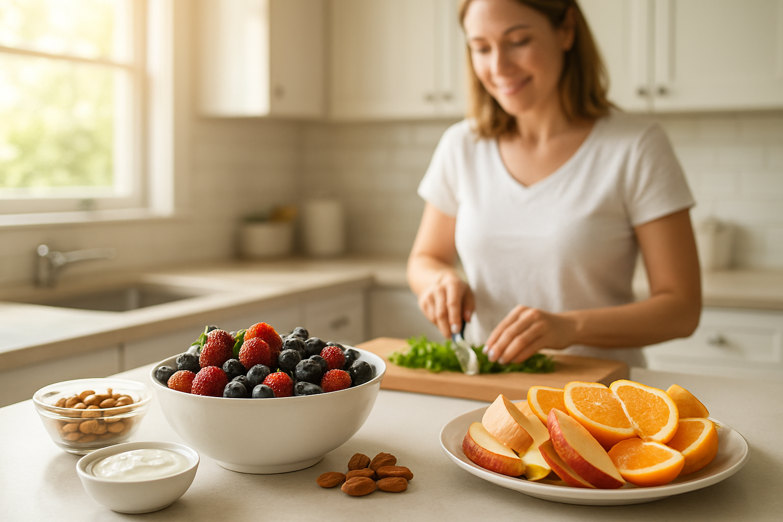 Create a realistic image of a bright, clean kitchen countertop displaying a beautiful arrangement of fresh fruits including colorful berries, sliced apples, and oranges alongside healthy snacks like nuts and yogurt, with a white female in her 30s in the background preparing a nutritious meal, natural sunlight streaming through a window creating a warm and encouraging atmosphere, representing successful healthy lifestyle transformation and sustainable eating habits, absolutely NO text should be in the scene.