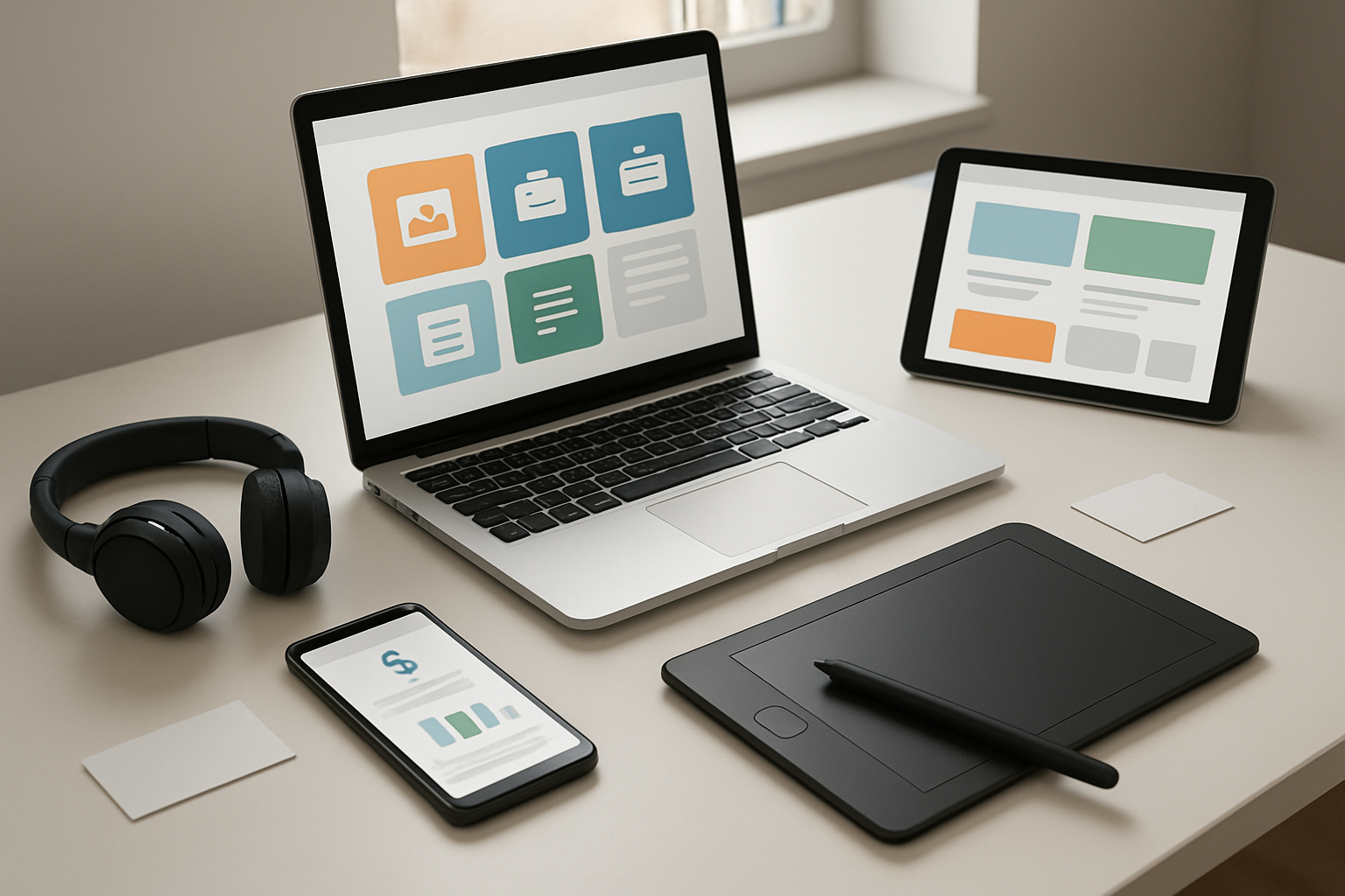Create a realistic image of a modern workspace showing multiple digital devices including a laptop, smartphone, and tablet displaying various freelance platforms and online earning interfaces, with wireless headphones, a digital graphics tablet with stylus, and scattered business cards on a clean white desk, soft natural lighting from a nearby window, professional and organized atmosphere suggesting productivity and digital entrepreneurship, Absolutely NO text should be in the scene.