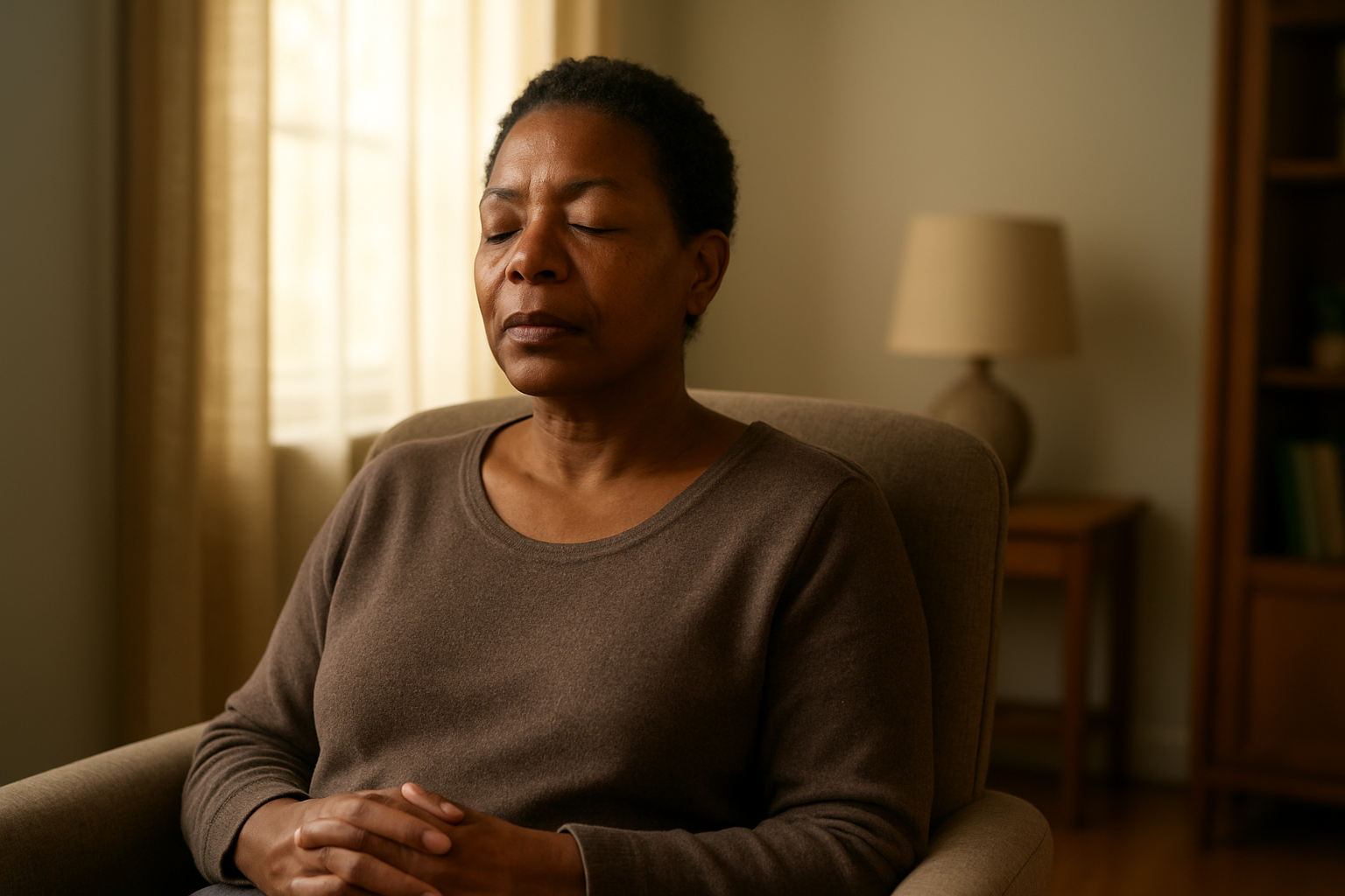 Create a realistic image of a peaceful middle-aged black woman sitting in a comfortable chair with her eyes gently closed, hands folded in her lap, head slightly tilted as if listening intently, in a softly lit room with warm natural light filtering through a window, creating a serene and contemplative atmosphere that conveys deep spiritual listening and meditation, with simple home furnishings and a calm, quiet environment in the background. Absolutely NO text should be in the scene.