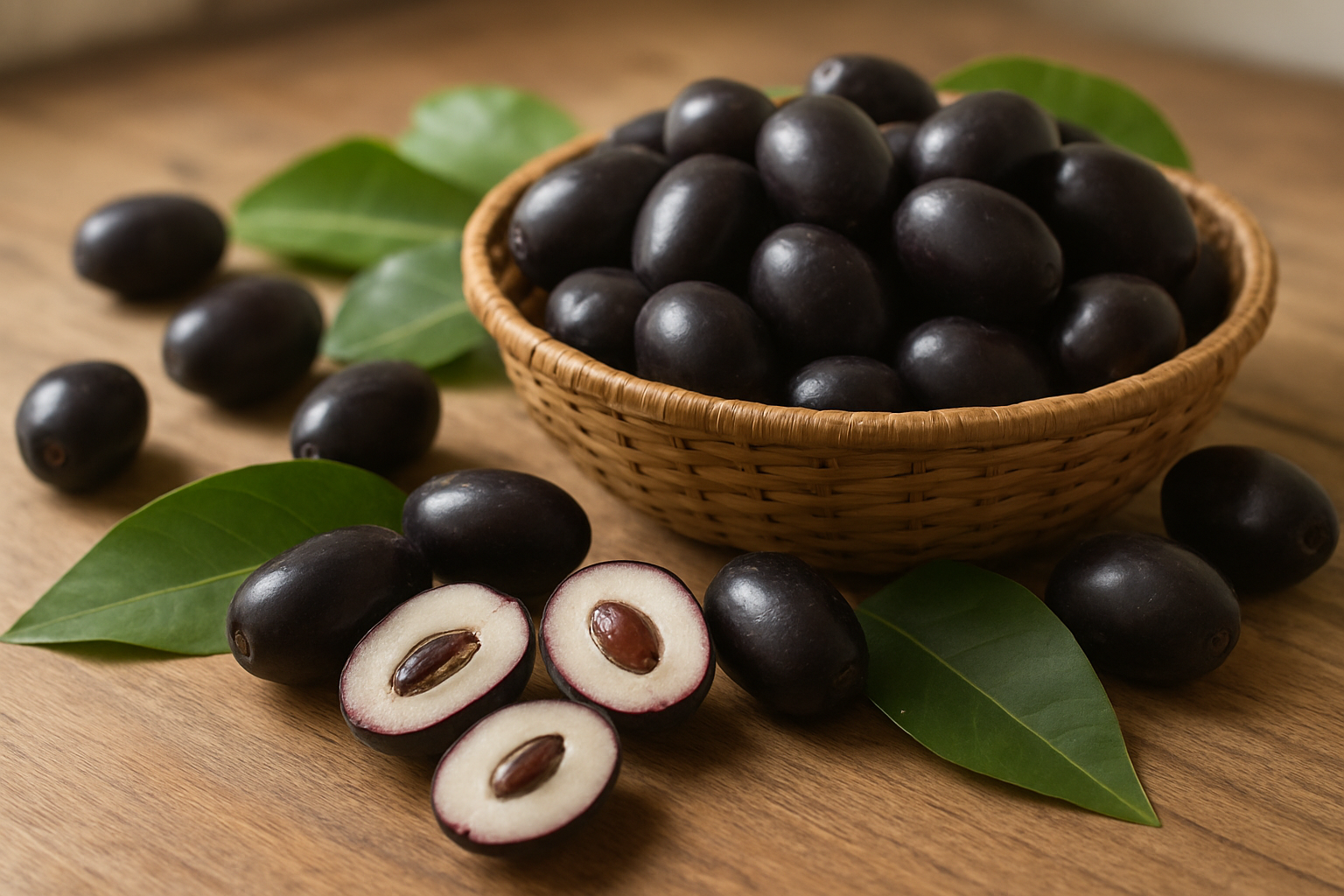 Create a realistic image of fresh purple Jamun fruits arranged on a wooden table with some fruits cut in half showing the white flesh and dark seed inside, surrounded by green Jamun leaves, with a few whole fruits scattered naturally around a woven basket, soft natural lighting from a window creating gentle shadows, warm and inviting atmosphere that conveys the essence of this nutritious fruit, absolutely NO text should be in the scene.