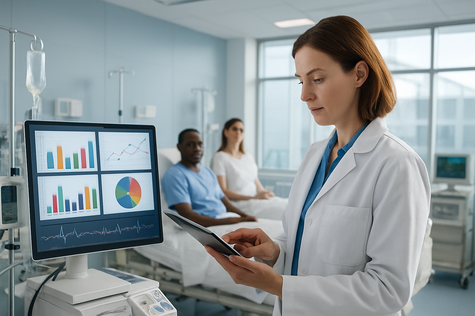 Create a realistic image of a modern hospital research facility showing measurable patient outcomes with digital monitors displaying colorful charts and graphs tracking patient recovery data, a white female doctor in a lab coat analyzing results on a tablet, medical equipment including heart rate monitors and IV stands, a diverse group of patients including a black male and white female appearing healthy and recovered in the background, bright clean hospital environment with large windows showing natural light, professional medical atmosphere emphasizing successful treatment results and research excellence, absolutely NO text should be in the scene.