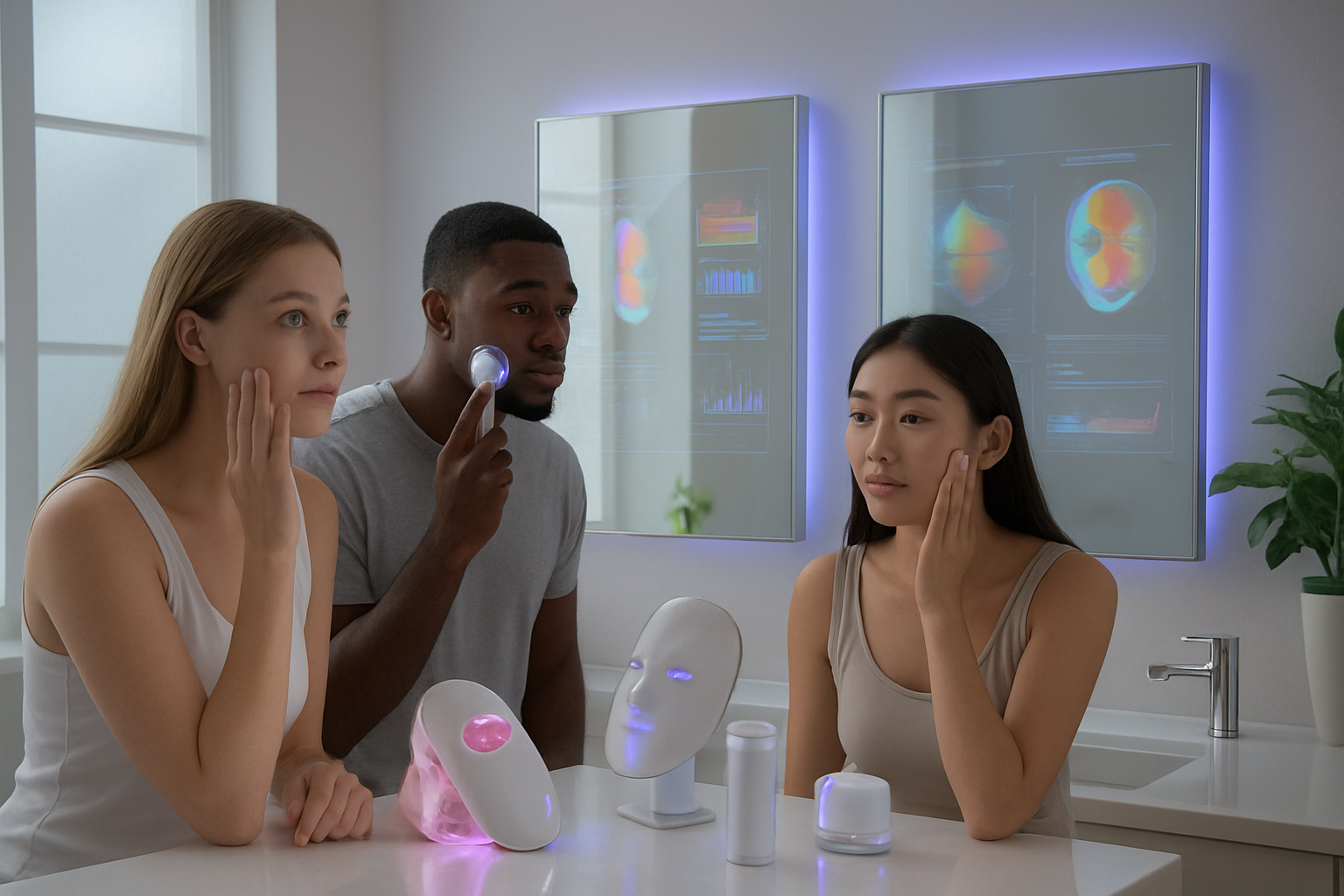 Create a realistic image of a diverse group including a white female, black male, and Asian female using futuristic beauty devices in a modern, minimalist bathroom setting with smart mirrors displaying colorful biometric data visualizations, high-tech skincare devices with LED lights on a sleek white counter, soft natural lighting streaming through frosted windows creating a serene atmosphere, people gently applying products while looking into interactive mirror displays showing skin analysis, modern white and chrome fixtures, subtle blue and purple ambient lighting from the technology, plants adding natural elements to the space, conveying innovation and wellness in personal care routines, absolutely NO text should be in the scene.