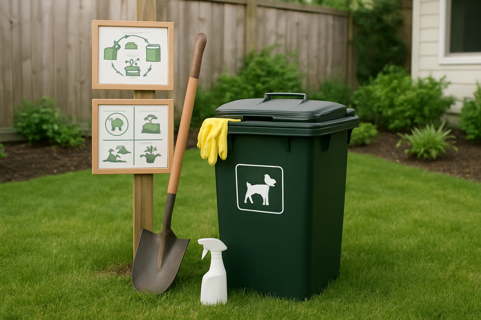 Create a realistic image of a well-organized backyard composting setup showing a dedicated dog waste compost bin with secure lid, surrounded by safety equipment including rubber gloves, a long-handled shovel, and a spray bottle, with instructional diagrams or charts mounted on a nearby fence post, set against a clean residential backyard with green grass and garden beds in soft natural daylight, emphasizing cleanliness and proper waste management practices, absolutely NO text should be in the scene.