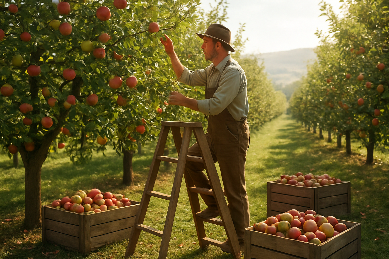 Create a realistic image of an apple orchard during harvest season showing rows of apple trees heavy with red and green apples, a white male farmer in work clothes and hat carefully picking apples from a tree using a ladder, wooden crates filled with freshly harvested apples placed beneath the trees, rolling hills in the background under soft morning sunlight filtering through the leaves, creating a peaceful agricultural atmosphere. Absolutely NO text should be in the scene.
