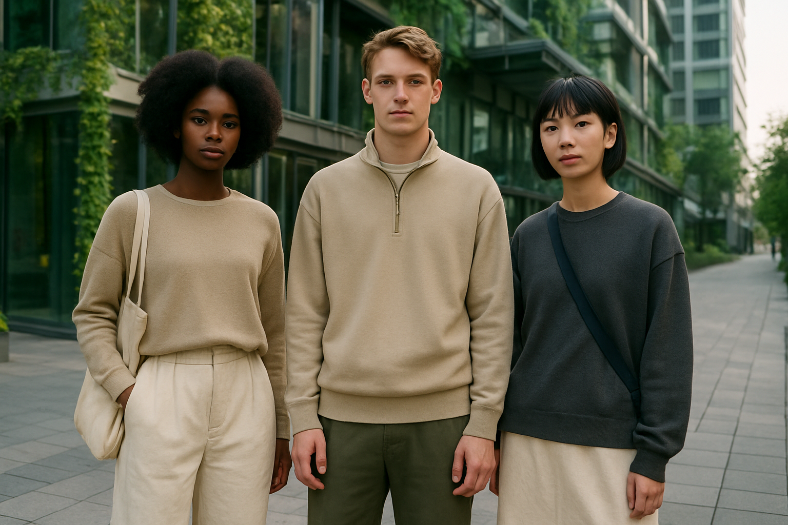 Create a realistic image of a diverse group of three young Gen Z individuals - one Black female, one white male, and one Asian non-binary person - standing together in a modern urban setting, each wearing different trending 2026 fashion styles including sustainable fabrics, gender-neutral clothing, clean streetwear, and minimalist pieces in neutral tones, with a contemporary city backdrop featuring green architecture and natural lighting, capturing a confident and inclusive mood that represents the future of fashion, absolutely NO text should be in the scene.
