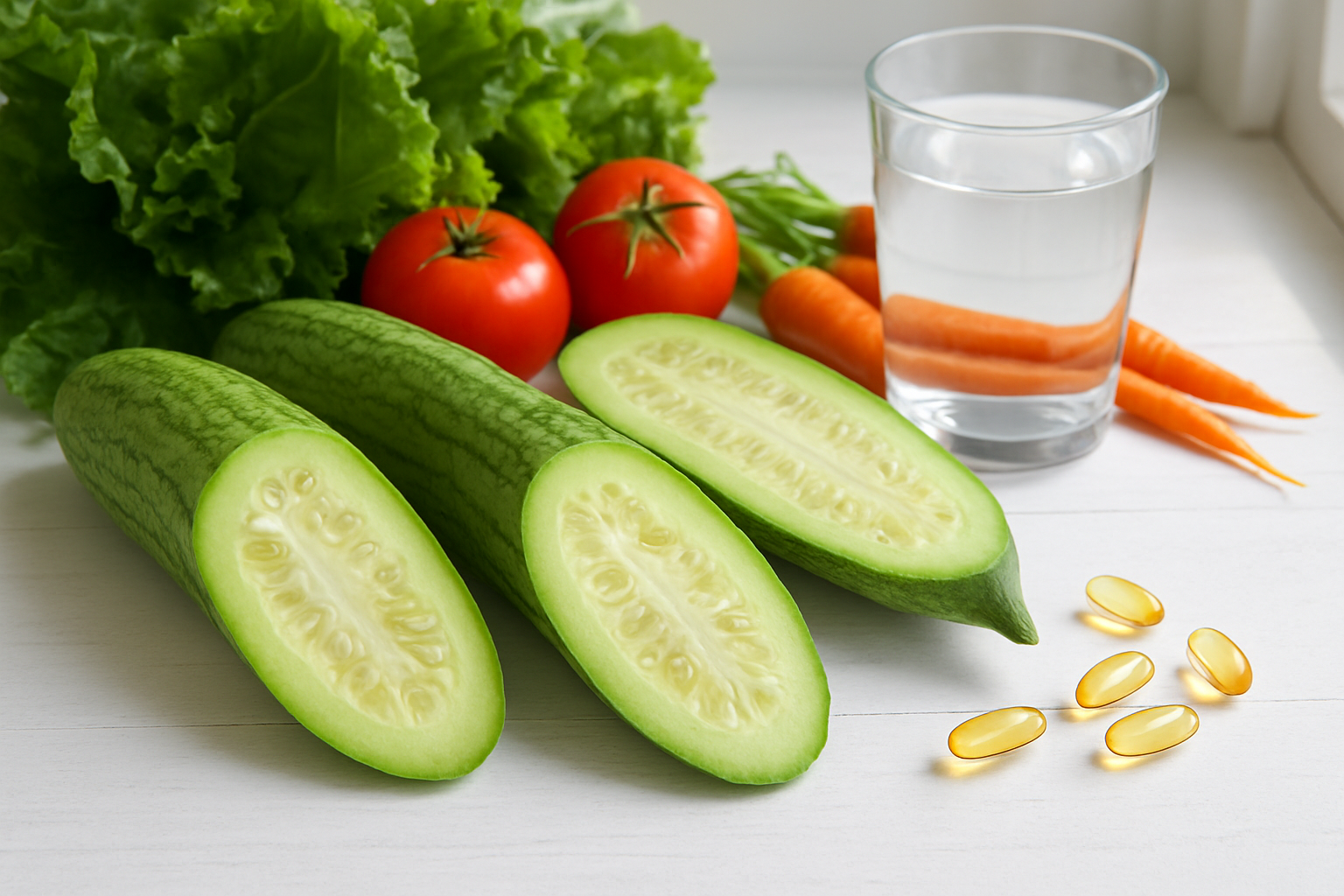 Create a realistic image of fresh snake melons cut in half displaying their pale green flesh and seeds, arranged on a clean white wooden surface alongside colorful fresh vegetables like leafy greens, tomatoes, and carrots, with a glass of water and vitamin supplement capsules scattered nearby, bright natural lighting from a window creating soft shadows, clean and fresh aesthetic suggesting health and nutrition, absolutely NO text should be in the scene.