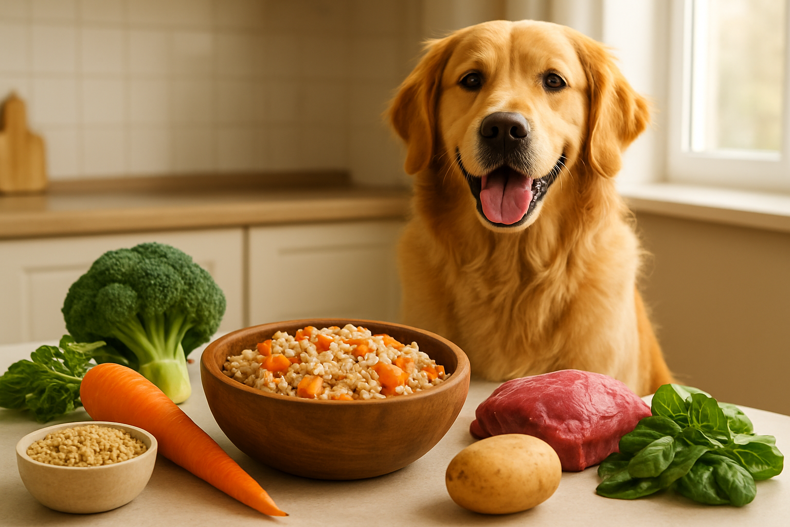 Create a realistic image of a healthy, happy golden retriever dog sitting next to a wooden bowl filled with fresh homemade dog food containing visible pieces of cooked chicken, carrots, and rice, with fresh ingredients like raw vegetables, lean meat, and grains artfully arranged around the bowl on a clean kitchen counter, warm natural lighting streaming through a window creating a wholesome atmosphere that emphasizes nutrition and health benefits, absolutely NO text should be in the scene.