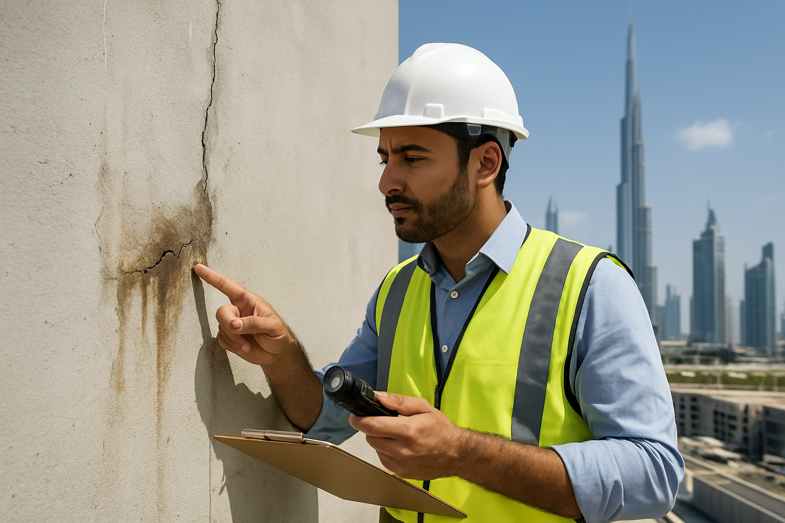 Create a realistic image of a professional Middle Eastern male property inspector in his 30s wearing a white hard hat and safety vest, carefully examining structural defects on a modern Dubai building's exterior wall, holding a clipboard and flashlight while pointing to visible cracks and water damage, with the iconic Dubai skyline featuring Burj Khalifa visible in the background under bright daylight, emphasizing the contrast between pristine skyscrapers and the building's maintenance issues, shot from a medium distance to show both the inspector's detailed work and the urban context, absolutely NO text should be in the scene.