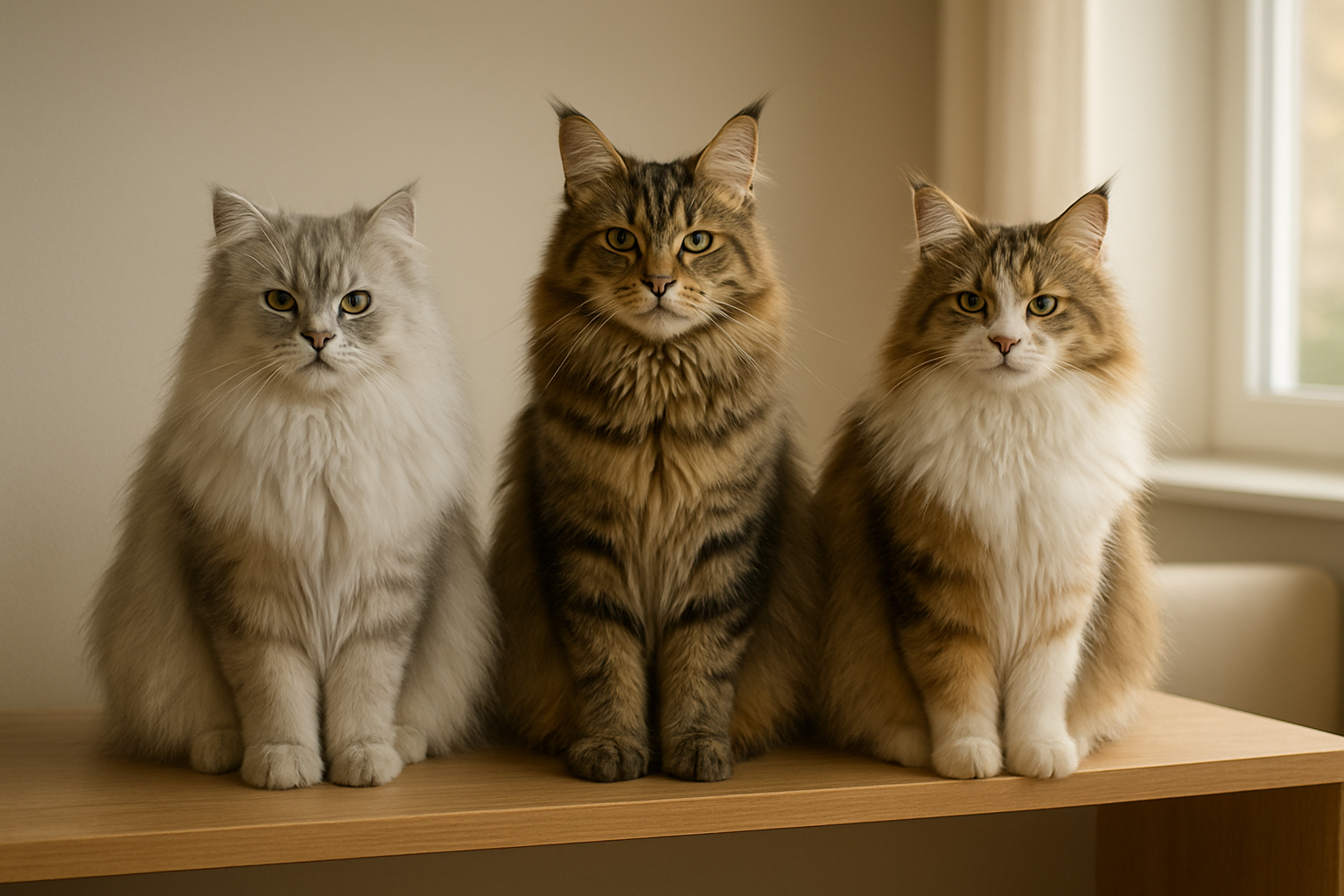 Create a realistic image of three elegant long-haired cat breeds sitting gracefully on a modern minimalist wooden shelf or platform, featuring a majestic Persian cat with flowing silver fur, a beautiful Maine Coon with distinctive tabby markings and tufted ears, and a fluffy Norwegian Forest Cat with thick multi-colored coat, all displaying calm and dignified expressions that showcase their independent nature, set against a clean contemporary home interior background with soft natural lighting from a nearby window, warm neutral tones throughout the scene, absolutely NO text should be in the scene.