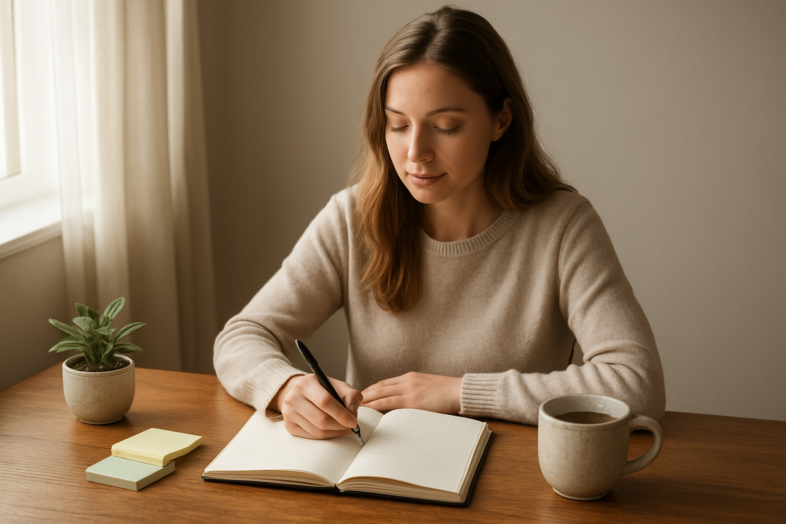Create a realistic image of a peaceful indoor scene showing a white Christian woman sitting at a wooden table with an open journal and pen, surrounded by practical self-help tools including sticky notes, a small potted plant, and a cup of tea, with soft natural lighting streaming through a nearby window, creating a calm and reflective atmosphere that conveys personal growth and intentional living, absolutely NO text should be in the scene.