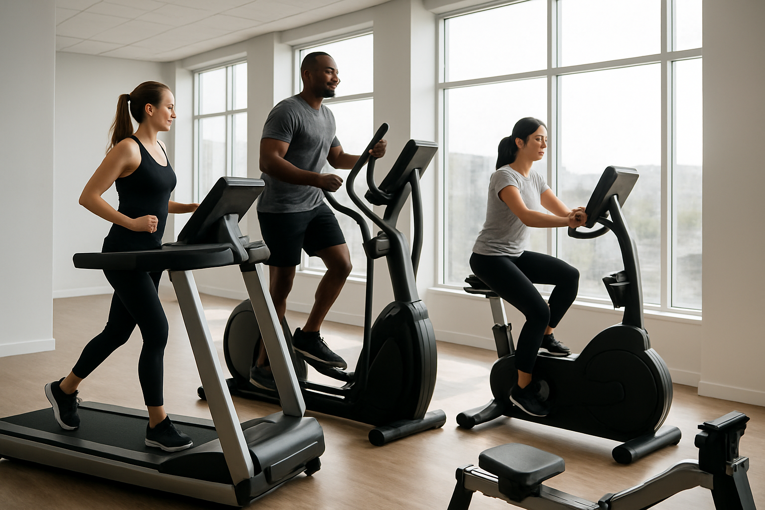 Create a realistic image of a fitness equipment selection scene showing various cardiovascular exercise machines including a treadmill, stationary bike, elliptical machine, and rowing machine arranged in a modern gym setting, with a diverse group of people including a white female on a treadmill, a black male using an elliptical, and an Asian female on a stationary bike, all wearing appropriate workout attire, bright natural lighting from large windows creating an energetic and motivational atmosphere, clean white and gray gym interior with wooden flooring, absolutely NO text should be in the scene.