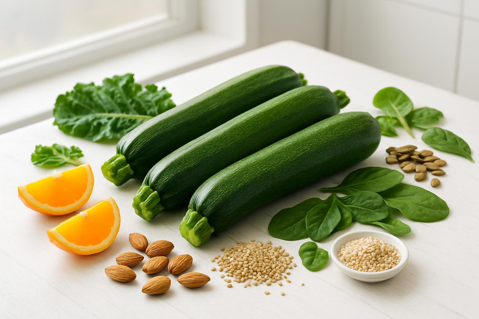 Create a realistic image of fresh green zucchini arranged on a clean white wooden table with colorful nutrition facts illustrated through vibrant fresh ingredients like leafy greens, orange slices, nuts, and seeds scattered around the zucchini, soft natural lighting from a window creating gentle shadows, bright and healthy mood emphasizing wellness and nutrition, clean minimalist kitchen background, absolutely NO text should be in the scene.