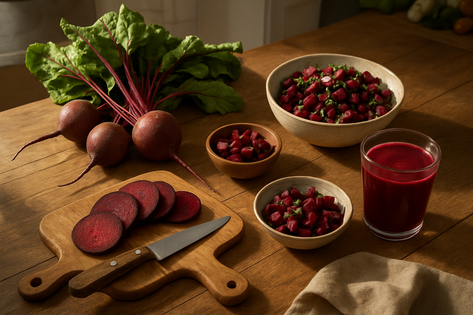 Create a realistic image of a rustic wooden kitchen table from above featuring fresh whole beetroots with their leafy green tops still attached alongside prepared beetroot dishes including sliced roasted beetroot, beetroot salad, and beetroot juice in a clear glass, scattered around are kitchen tools like a cutting board with beetroot slices, a sharp knife, and a small bowl of diced beetroot, the scene is illuminated by warm natural sunlight streaming from a window creating soft shadows, the background shows a clean kitchen counter with subtle hints of other vegetables, the overall mood is inviting and health-focused representing the complete journey from raw ingredient to finished dishes, Absolutely NO text should be in the scene.