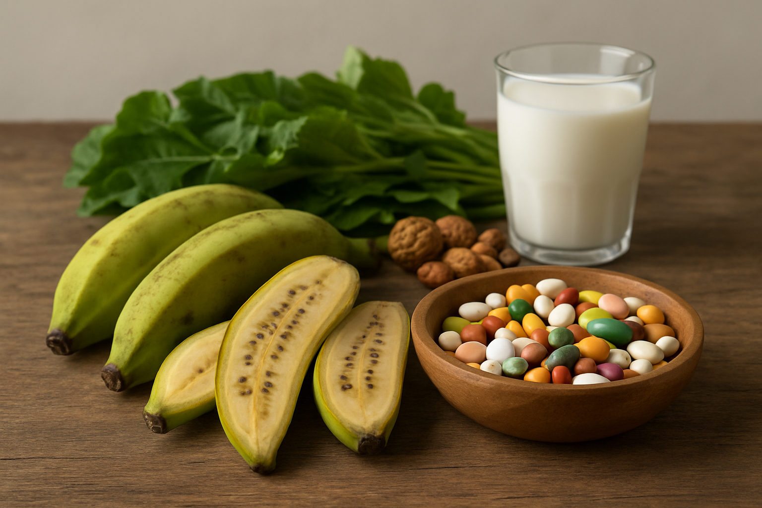 Create a realistic image of wild bananas cut in half and whole displaying their seeds and different textures alongside a wooden bowl filled with various colorful vitamins and minerals represented as small capsules and tablets, fresh green leafy vegetables, nuts, and a glass of milk on a rustic wooden table with natural lighting from a window creating soft shadows, emphasizing the nutritional richness and health benefits of wild bananas compared to regular bananas, with a clean minimalist background. Absolutely NO text should be in the scene.