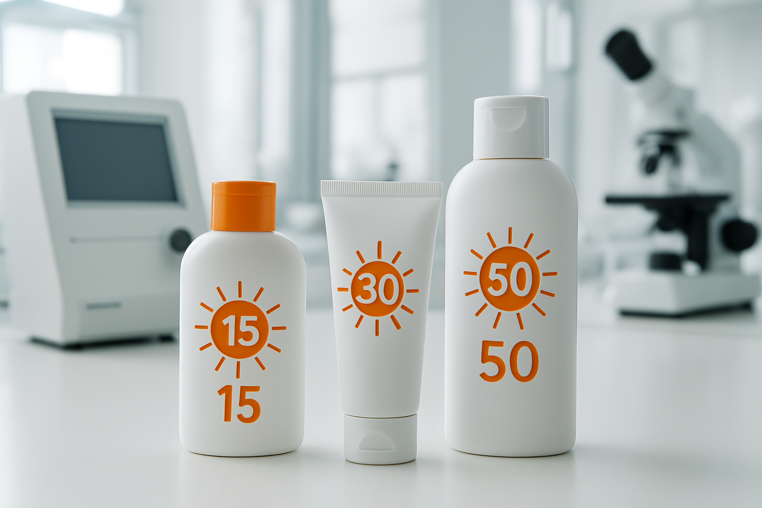 Create a realistic image of a close-up shot showing SPF rating symbols and sun protection factor numbers (15, 30, 50) displayed on various cosmetic product bottles and tubes, with a bright laboratory or testing facility background featuring UV measurement equipment and scientific instruments, clean white surfaces with professional lighting that emphasizes the clinical and educational nature of sun protection standards, absolutely NO text should be in the scene.