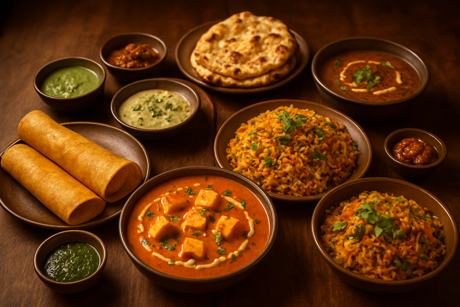 image of a beautifully arranged spread of colorful Indian vegetarian dishes displayed on a rustic wooden table, featuring signature dishes such as a rich creamy paneer butter masala, crispy golden dosas with chutneys, fluffy naan bread, vibrant biryani, and a bowl of dal makhani, garnished with fresh herbs and accompanied by small bowls of assorted chutneys and pickles, with warm, inviting restaurant lighting casting a golden glow over the food, creating an appetizing and luxurious dining atmosphere. Absolutely NO text should be in the scene.