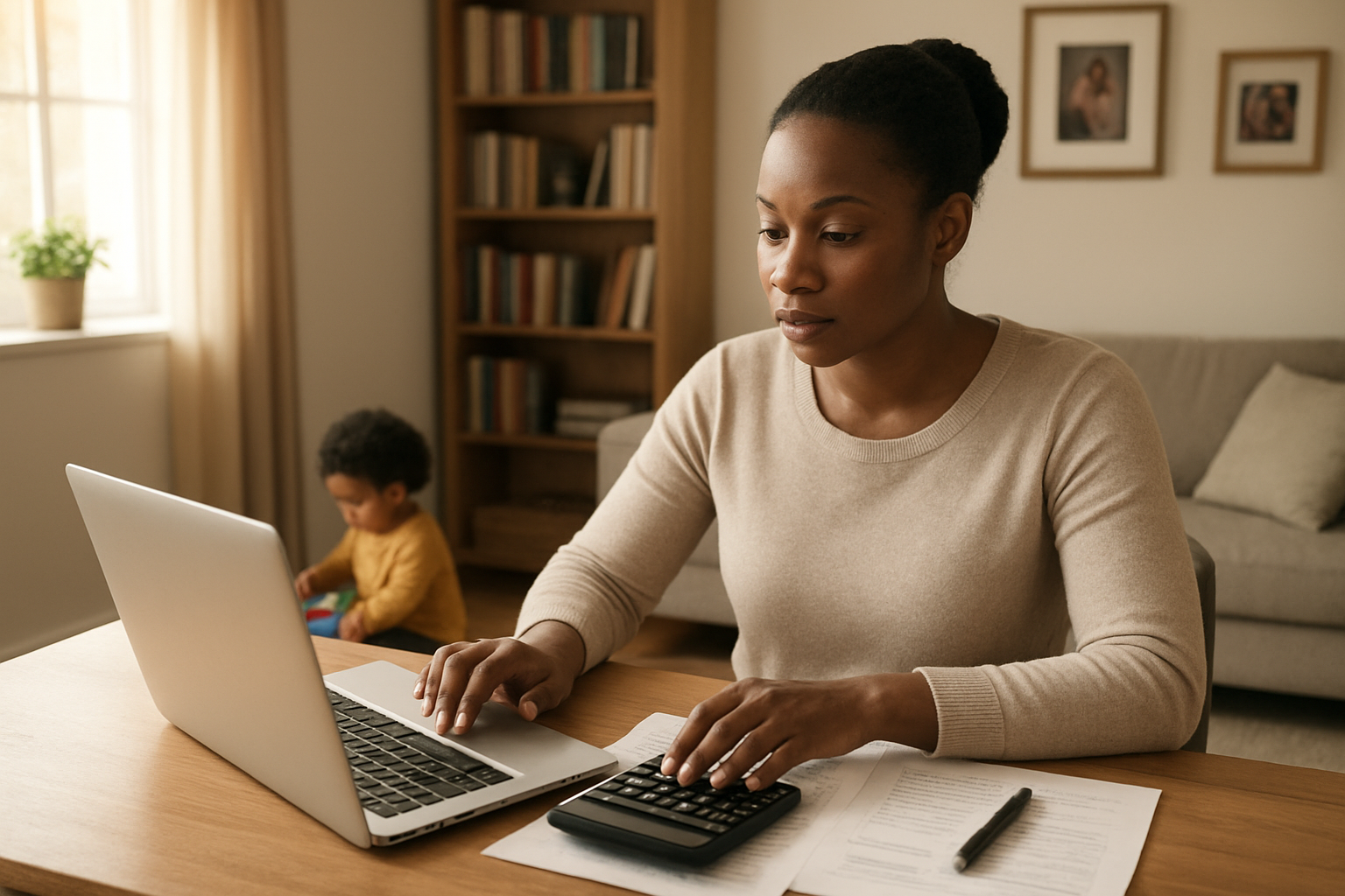 Create a realistic image of a professional black female working mother sitting at a modern home office desk with a laptop open, calculator, and financial documents spread out, while a young child plays quietly with toys in the background, warm natural lighting from a window, organized bookshelves and family photos on the walls, conveying productivity and work-life balance, absolutely NO text should be in the scene.