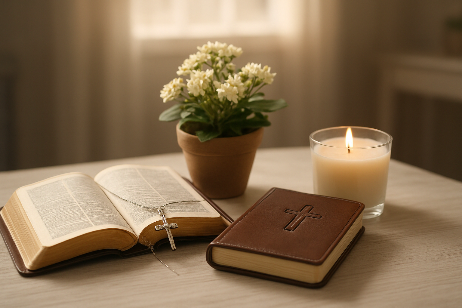 Create a realistic image of a beautifully arranged collection of faith-centered gifts on a soft white wooden table including an open leather-bound Bible with golden pages, a delicate silver cross necklace draped elegantly, a small potted flowering plant symbolizing growth, a journal with an embossed cross design, and a lit vanilla candle in a glass holder, all arranged in warm natural sunlight streaming through a nearby window creating gentle shadows, with a soft blurred background of a peaceful home interior, conveying a sense of serenity, spiritual devotion, and thoughtful gift-giving, absolutely NO text should be in the scene.