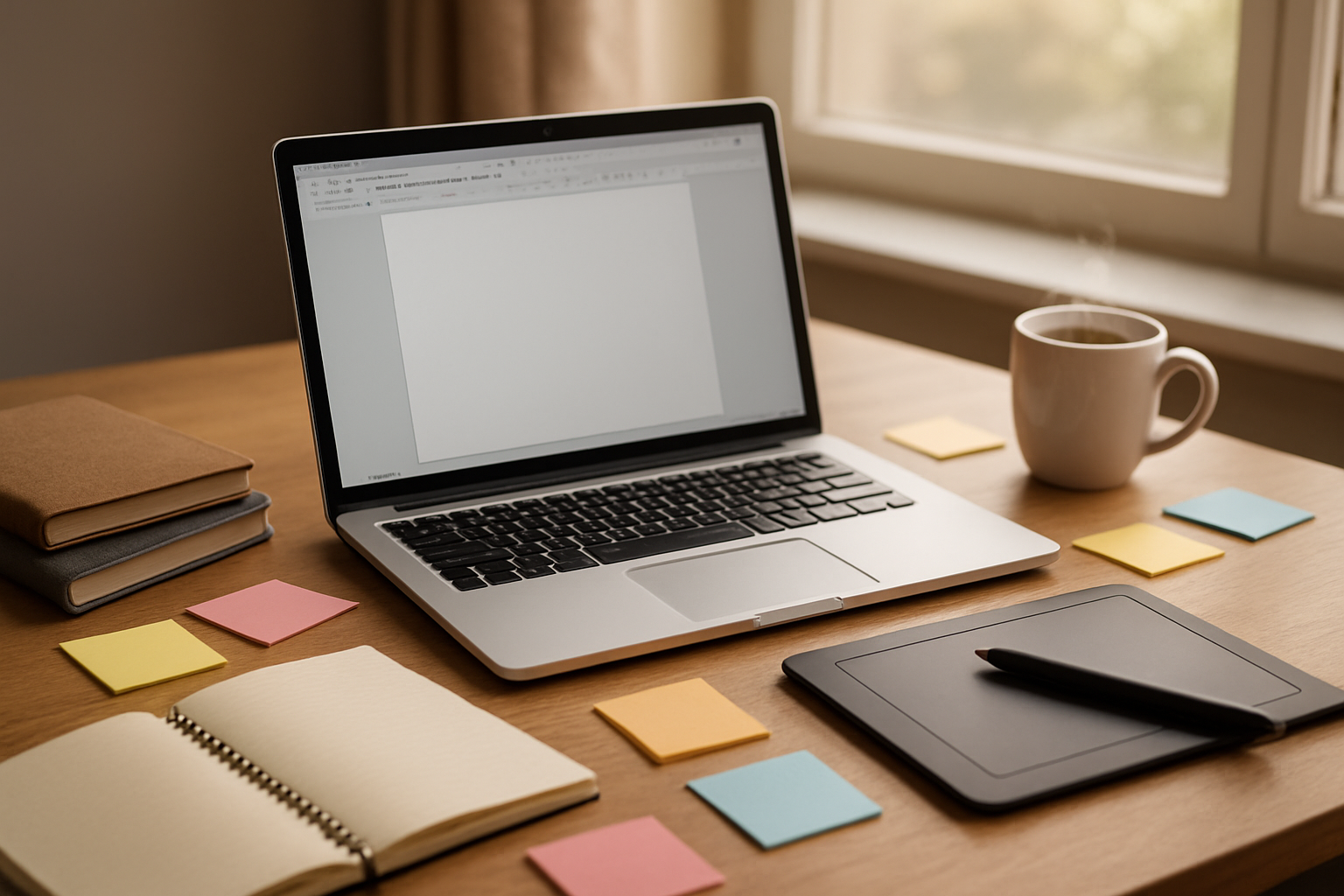 Create a realistic image of a modern workspace featuring a laptop computer displaying a creative writing interface with a digital pen tablet beside it, surrounded by scattered notebooks, colorful sticky notes, and a steaming coffee cup, with soft natural lighting from a nearby window creating a warm and inspiring atmosphere for content creation, absolutely NO text should be in the scene.