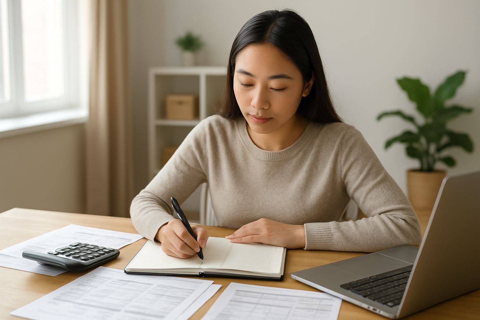 Create a realistic image of a young Asian female sitting at a clean wooden desk with a calculator, laptop, and organized financial documents spread out, including monthly budget sheets and bills, with a calm and focused expression as she writes in a financial planner, surrounded by a modern home office environment with natural lighting from a nearby window, featuring a neutral color palette of whites and warm wood tones that conveys organization and financial responsibility, absolutely NO text should be in the scene.