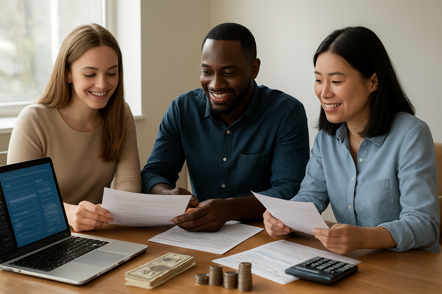 Create a realistic image of a diverse group of people including a white female, black male, and Asian female sitting around a modern wooden table reviewing financial documents and bank statements, with a laptop computer open showing banking interfaces, neat stacks of coins and bills, a small potted plant, and a calculator visible on the table, set in a bright contemporary office or home study with natural lighting from a large window, conveying a sense of financial accomplishment and security through confident body language and organized workspace, absolutely NO text should be in the scene.