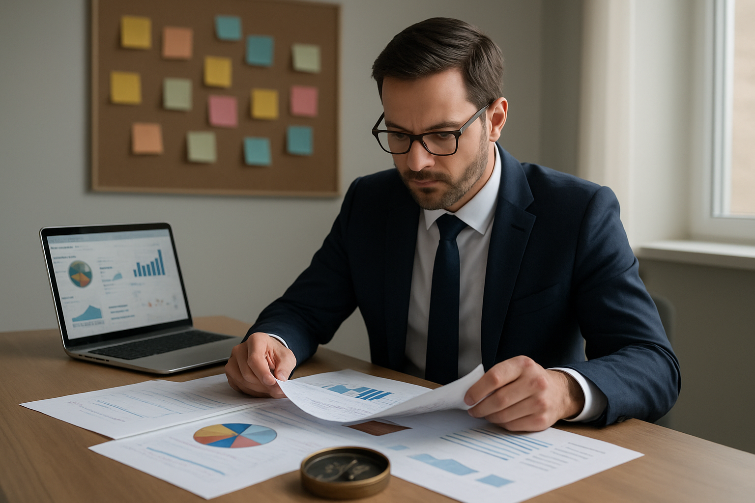 Create a realistic image of a professional workspace showing a white male business professional sitting at a modern desk, carefully examining multiple documents and charts spread across the surface, with a laptop displaying dashboard analytics, colorful sticky notes organized on a wall board behind him, a compass placed prominently on the desk symbolizing direction and alignment, soft natural lighting from a window creating a focused and contemplative atmosphere, clean office environment with minimal distractions, the scene conveying strategic planning and goal assessment activities, absolutely NO text should be in the scene.