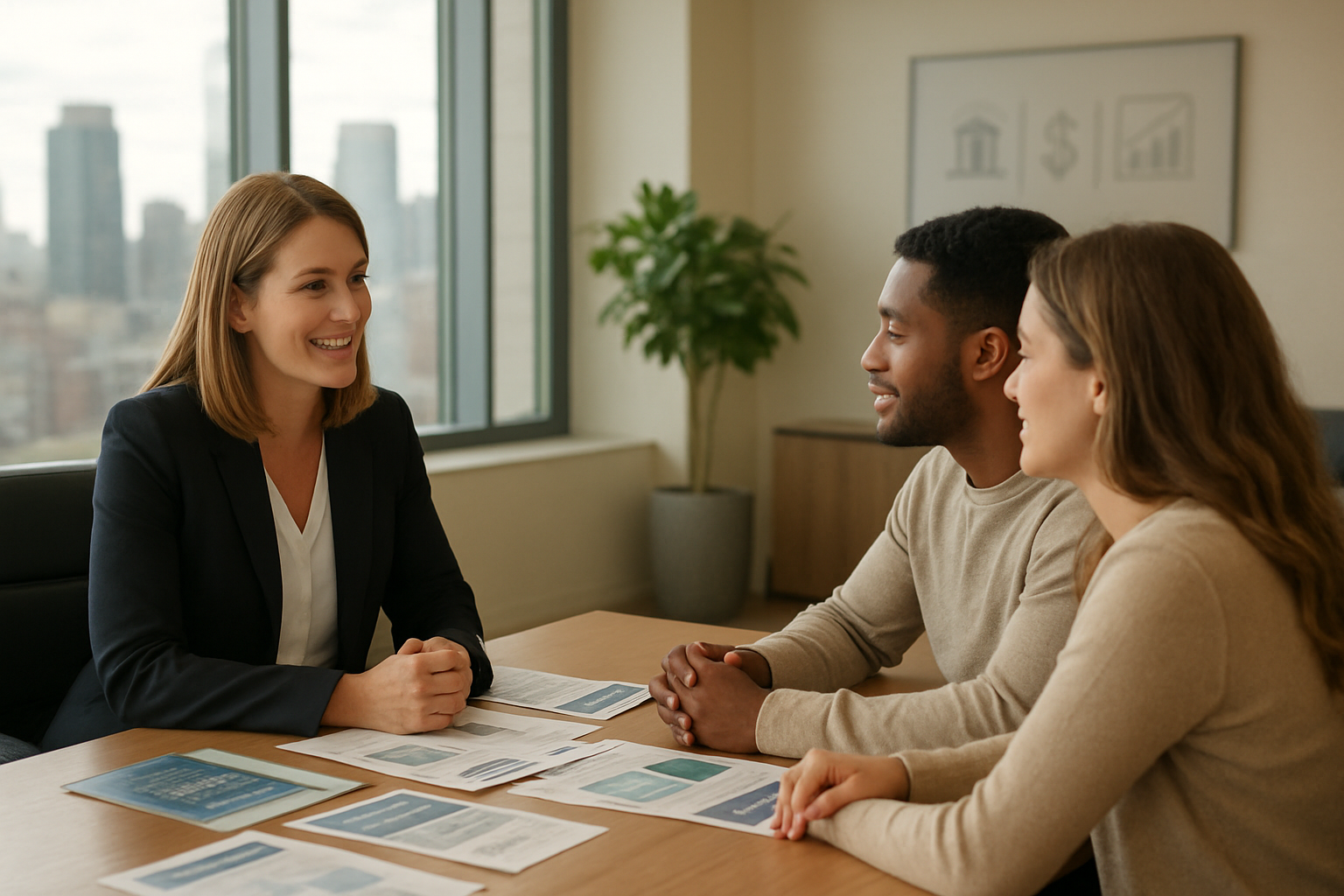 Create a realistic image of a professional white female financial advisor sitting across from a diverse young couple (black male and white female) at a modern bank consultation desk, with multiple banking brochures and documents spread on the desk, large windows showing a city skyline in the background, warm natural lighting creating a welcoming atmosphere, with visible bank interior elements like professional furniture and subtle banking icons or symbols on wall displays, conveying a sense of guidance and financial decision-making, absolutely NO text should be in the scene.