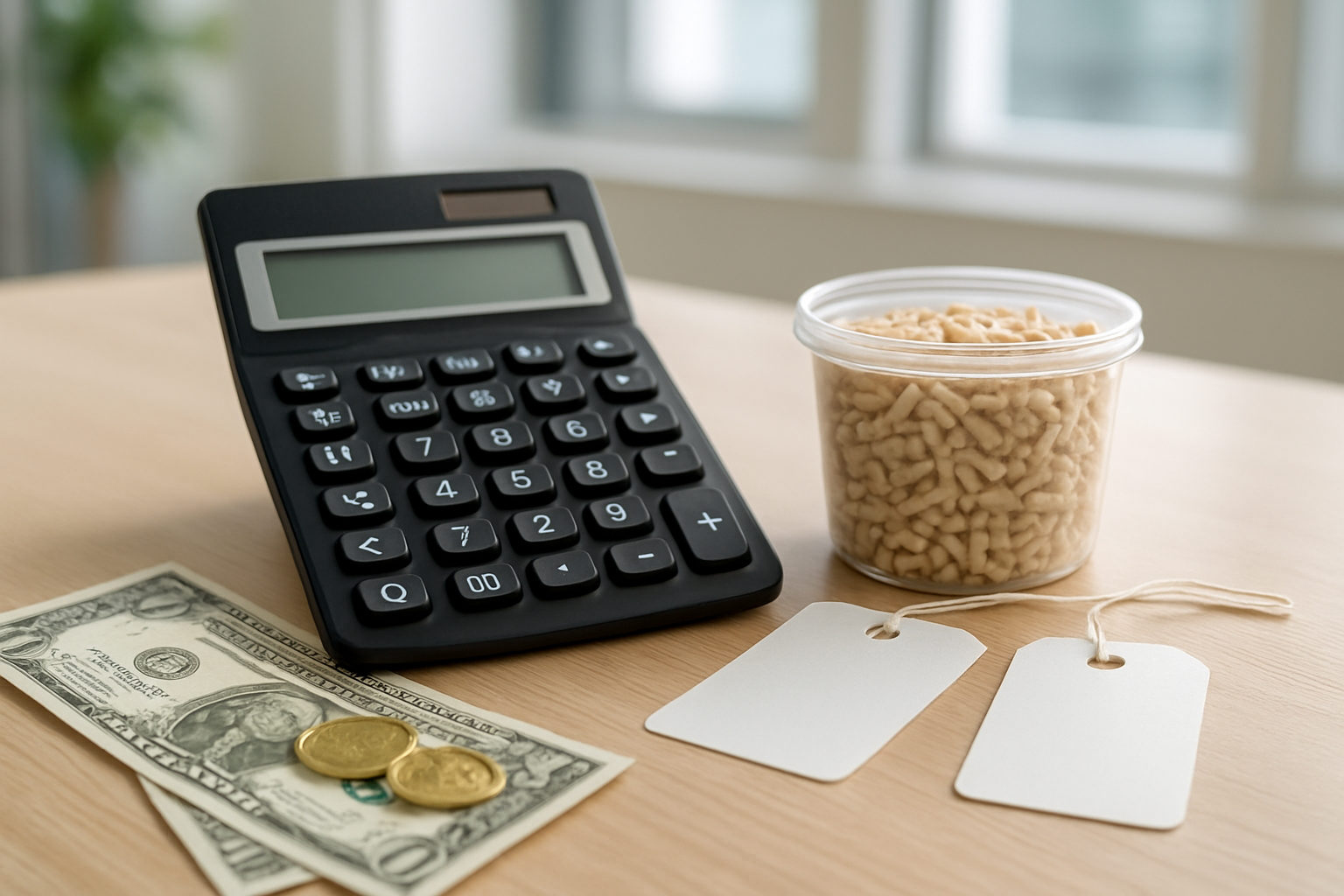 Create a realistic image of a modern calculator, scattered dollar bills and coins, price tags, and small containers of tofu cat litter pellets arranged on a clean wooden desk surface, with a bright, well-lit office environment in the background, conveying a professional analytical atmosphere for cost comparison and value evaluation, absolutely NO text should be in the scene.