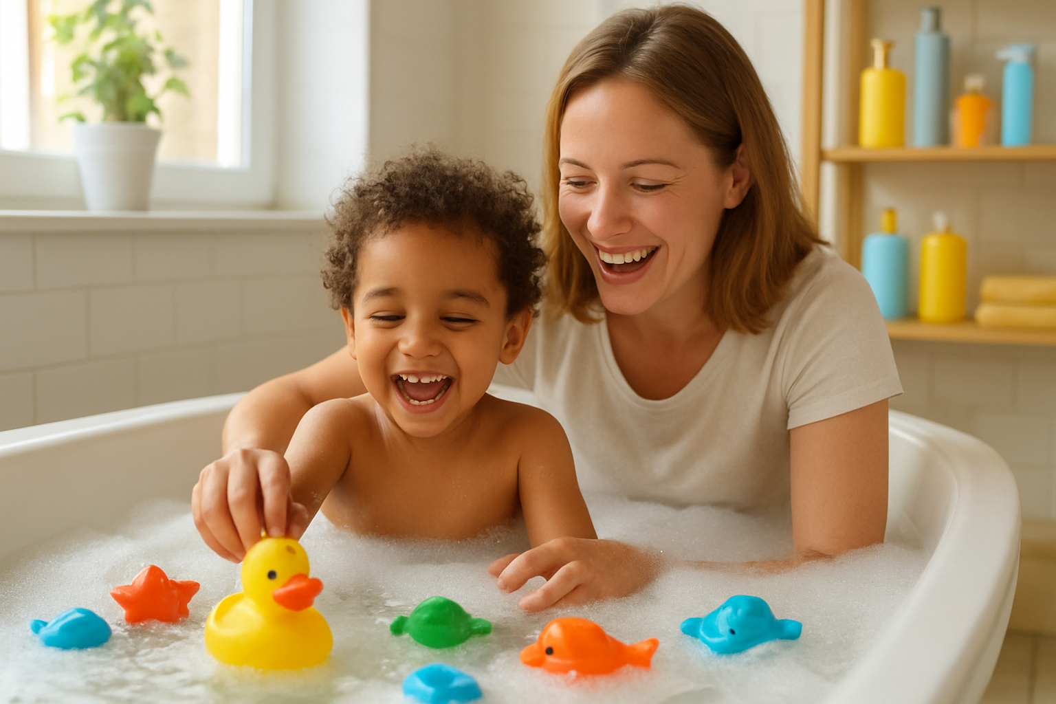 Create a realistic image of a happy white mother and her young child (around 4 years old, mixed race) sitting together in a bright, clean bathroom, both smiling and laughing, with colorful bath toys floating in a bathtub filled with bubbly water, soft natural lighting streaming through a window, creating a warm and joyful atmosphere that shows bath time as a pleasant bonding experience, with the child reaching for a rubber duck while the mother gently supports them, bathroom decorated with cheerful colors and organized bath products on shelves, absolutely NO text should be in the scene.