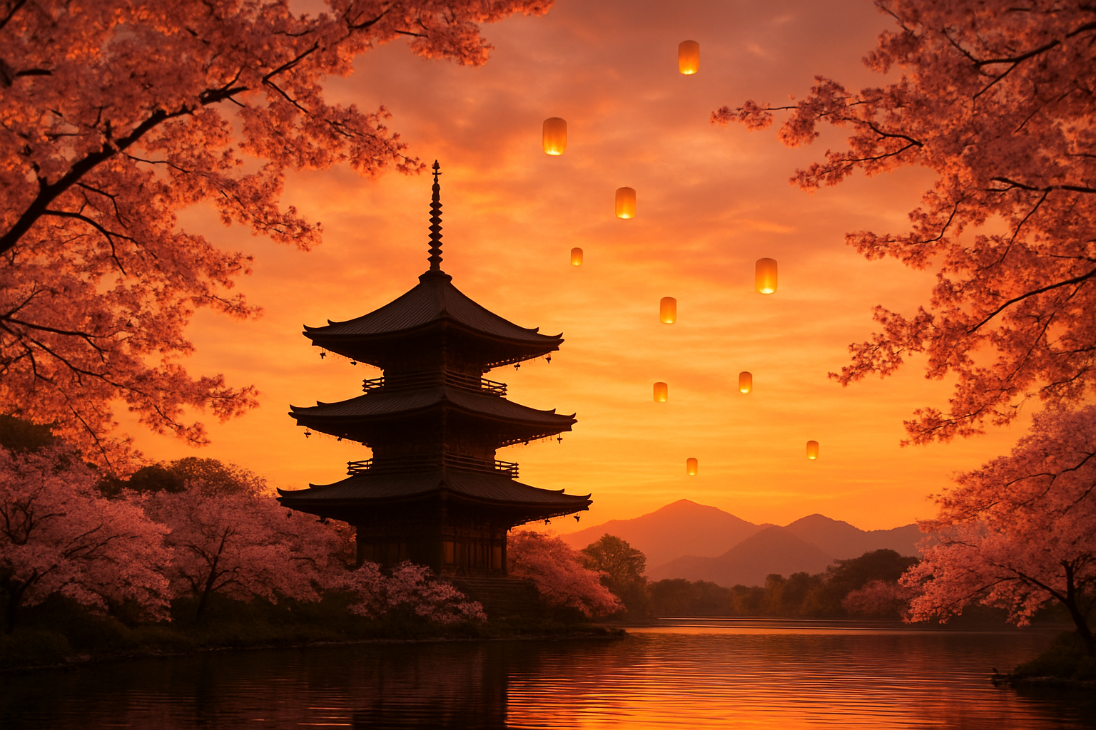 Create a realistic image of a serene Asian romantic landscape featuring a traditional pagoda or temple silhouetted against a golden sunset sky, with cherry blossom trees in full bloom framing the scene, a tranquil lake or river reflecting the warm evening light, distant mountains creating a dreamy backdrop, soft pink and orange hues filling the sky, and floating lanterns gently drifting upward, capturing the enchanting and romantic atmosphere of Asia's most beautiful destinations, with warm golden hour lighting creating an intimate and magical mood, Absolutely NO text should be in the scene.