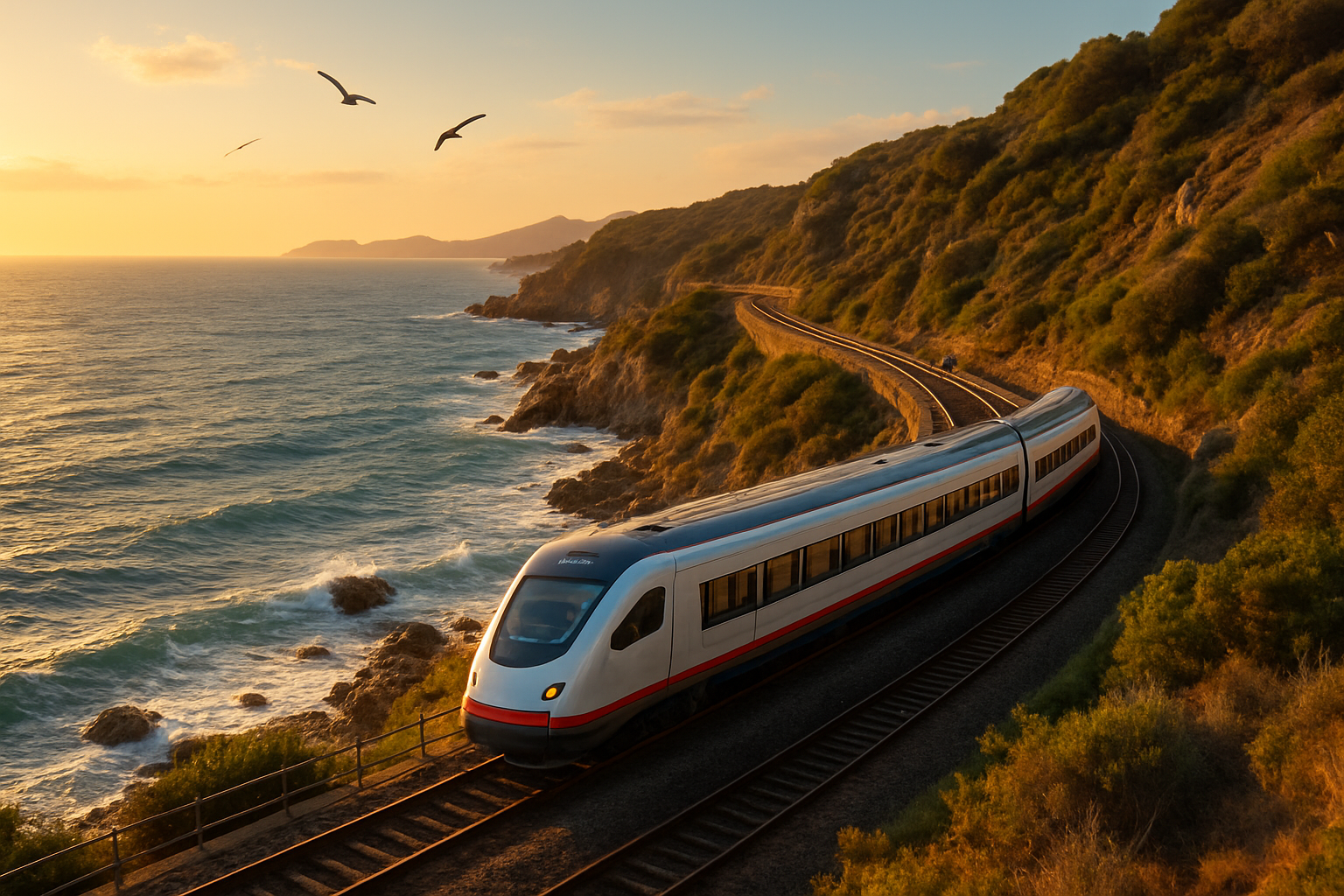 Create a realistic image of a scenic train traveling along a dramatic coastal railway line with the ocean stretching to the horizon, featuring a modern passenger train on elevated tracks that curve along rugged cliffs with waves crashing against rocky shores below, surrounded by Mediterranean coastal vegetation and distant islands visible in the blue sea, captured during golden hour lighting that creates warm reflections on the water and illuminates the train's windows, with seabirds flying overhead and a peaceful, adventurous atmosphere that conveys the romance of European coastal rail travel, absolutely NO text should be in the scene.