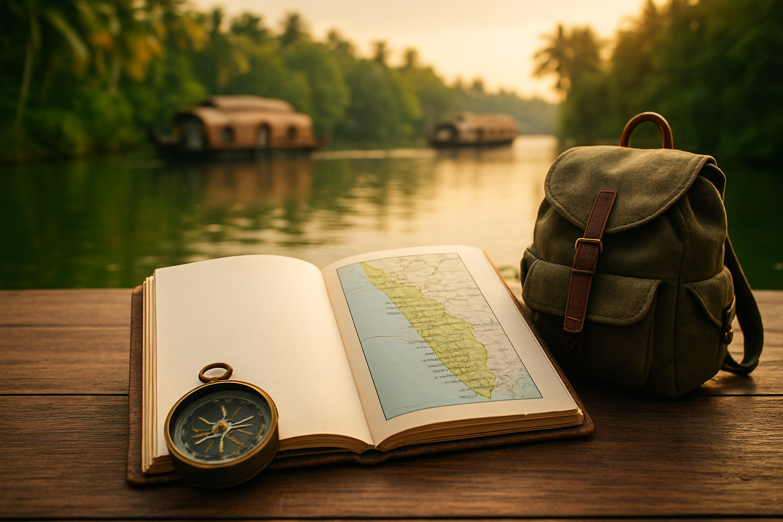 realistic image of an open travel journal placed on a wooden surface alongside a detailed Kerala map, a compass, and a small backpack, with lush green Kerala backwaters and traditional houseboats softly blurred in the background, warm golden sunlight casting a planning and adventure-ready mood, Absolutely NO text should be in the scene.