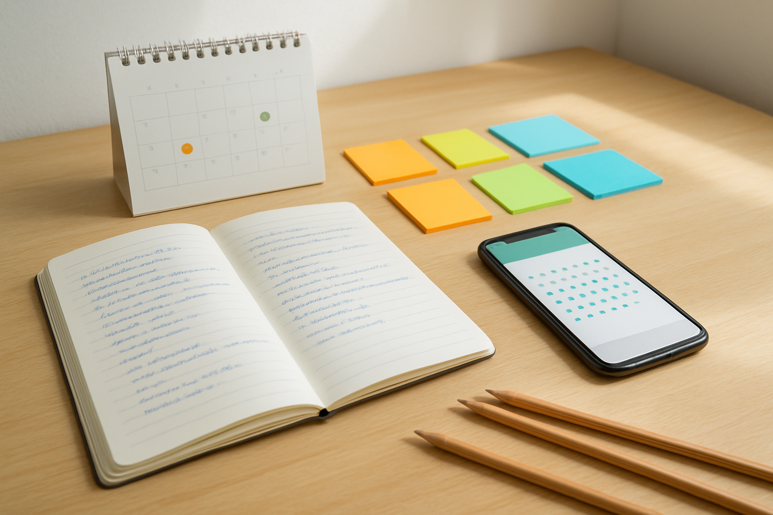Create a realistic image of a clean, organized study desk with an open notebook displaying handwritten lists, a calendar with marked intervals showing spaced learning sessions, colorful sticky notes arranged in a systematic pattern, a smartphone displaying a spaced repetition app interface, and a few pencils scattered nearby, all set against a bright, naturally lit background with soft shadows, conveying a focused and methodical learning environment, absolutely NO text should be in the scene.