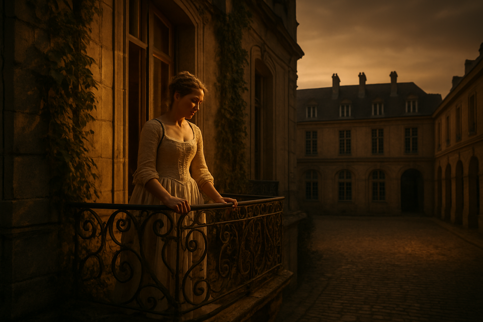 Create a realistic image of a classic French theater balcony scene with an ornate stone balcony featuring wrought iron railings and climbing ivy, a white female figure in period costume standing on the balcony looking down toward the courtyard below, dramatic evening lighting with warm golden tones casting long shadows, cobblestone courtyard with classical French architecture in the background, romantic and melancholic atmosphere with soft theatrical lighting suggesting the timeless nature of love and poetry, absolutely NO text should be in the scene.