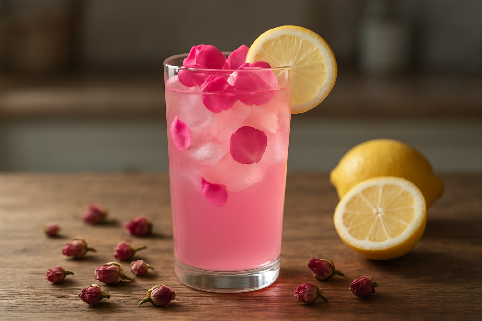 Create a realistic image of a tall glass filled with pink rose lemonade garnished with fresh rose petals and a lemon slice on the rim, sitting on a rustic wooden table with dried rose buds scattered around, fresh lemons cut in half nearby, and soft natural lighting creating gentle shadows, with a blurred kitchen background suggesting a homemade preparation, capturing a refreshing and elegant floral drink perfect for Ramadan or any occasion, absolutely NO text should be in the scene.