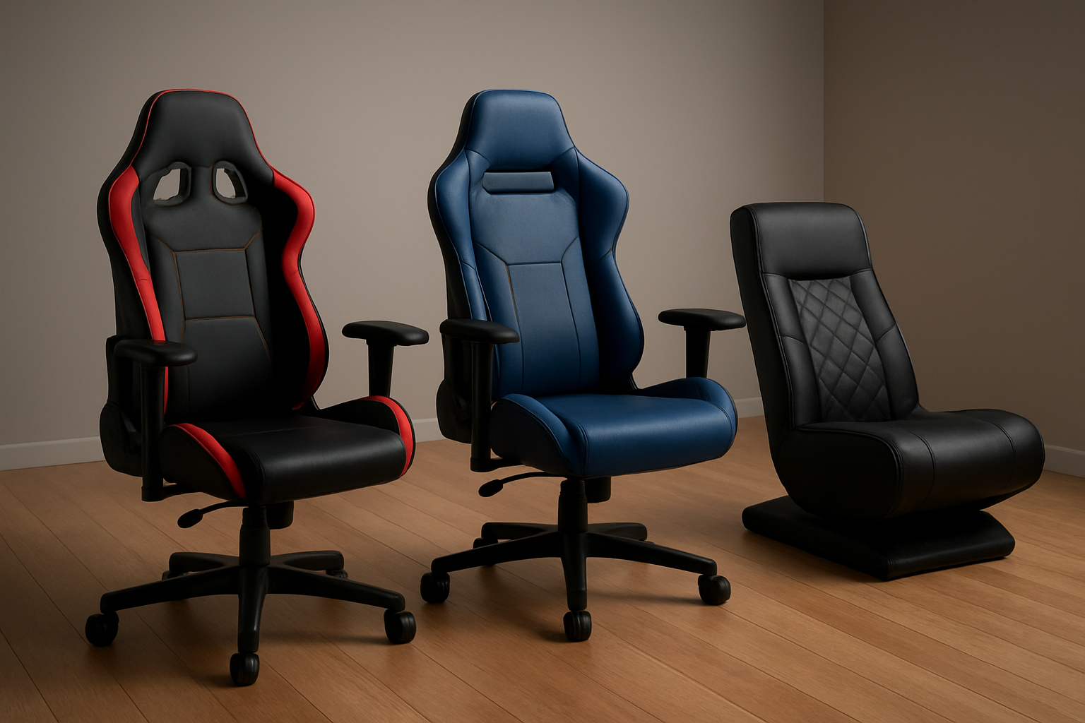 Create a realistic image of a modern gaming room showcasing three different specialized gaming chairs arranged side by side, including a sleek racing-style chair in red and black, an ergonomic office-style gaming chair in blue, and a rocker-style floor gaming chair in black, each chair positioned at different angles to display their unique features and designs, set against a clean contemporary interior with hardwood flooring and neutral gray walls, soft ambient lighting creating a professional product display atmosphere, absolutely NO text should be in the scene.