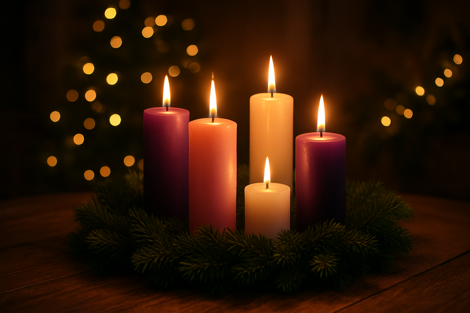 Create a realistic image of four beautifully lit Advent candles in purple, pink, and white arranged in a circular evergreen wreath on a wooden table, with warm golden candlelight creating a peaceful glow against a softly blurred background of twinkling Christmas lights and pine branches, conveying a sense of spiritual reflection and seasonal celebration in a cozy home setting during evening hours, absolutely NO text should be in the scene.